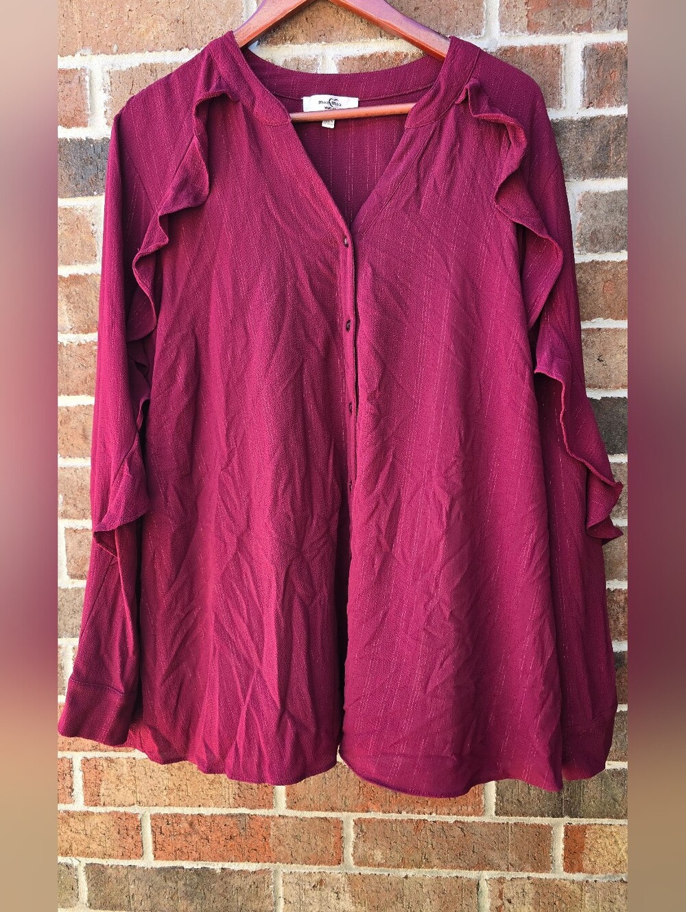 Moa Moa Woman 3X Burgundy Ruffle Sleeve Metallic Tunic Blouse Plus Size